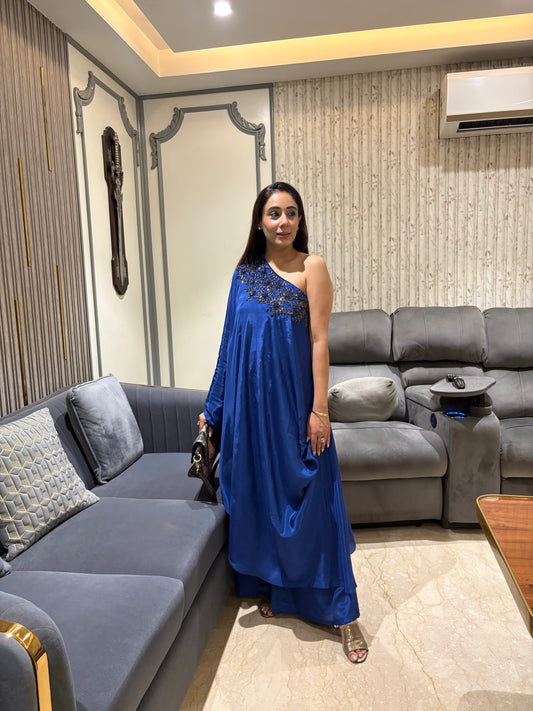 Royal Blue Embellished One-Shoulder Asymmetric Set