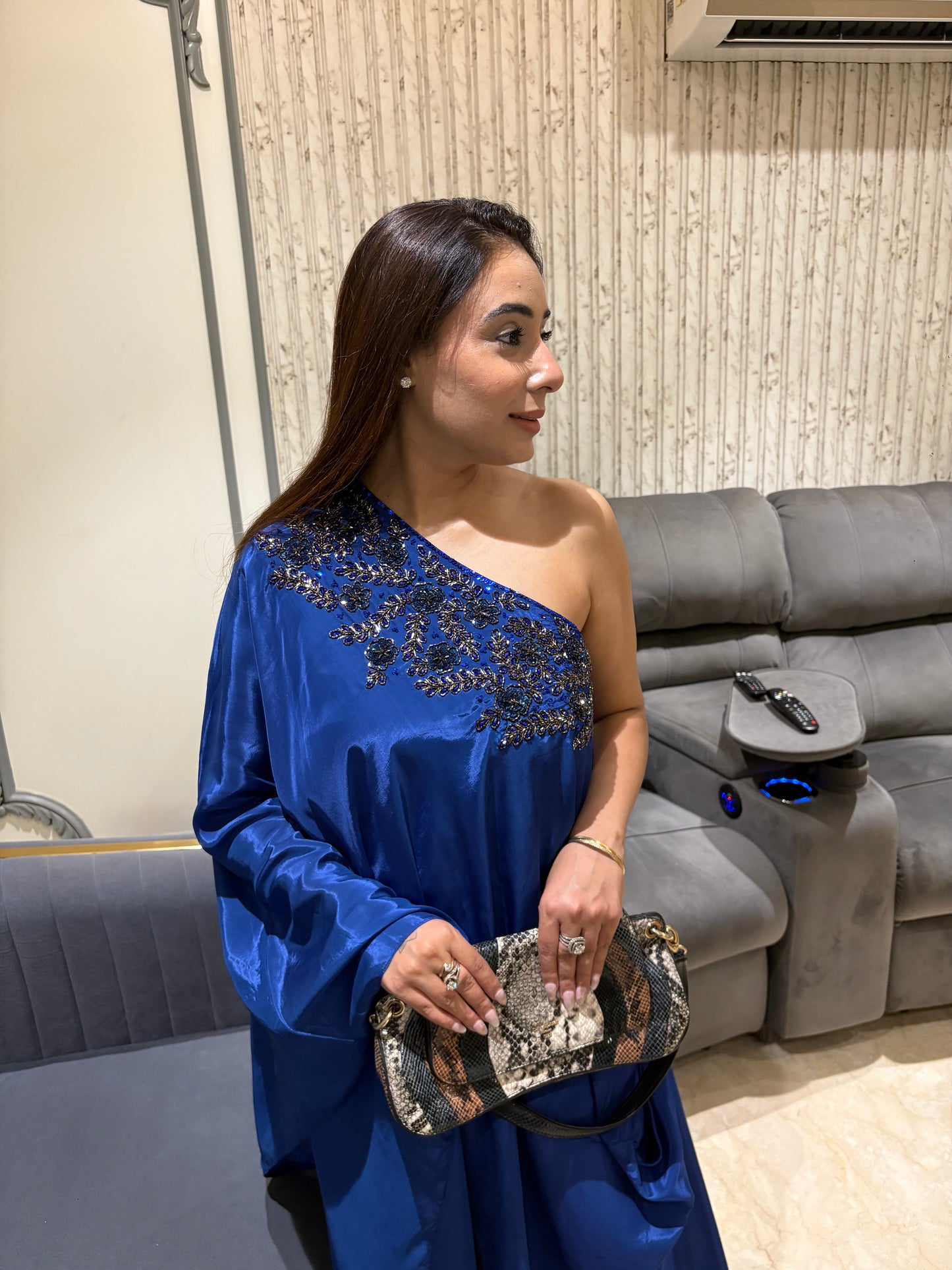 Royal Blue Embellished One-Shoulder Asymmetric Set
