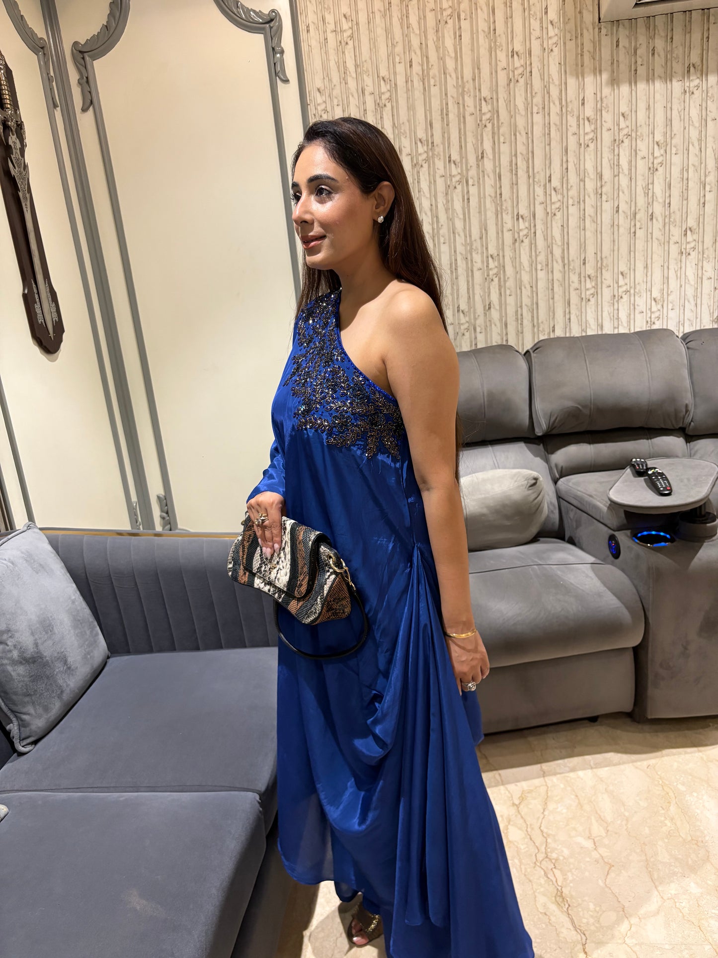 Royal Blue Embellished One-Shoulder Asymmetric Set