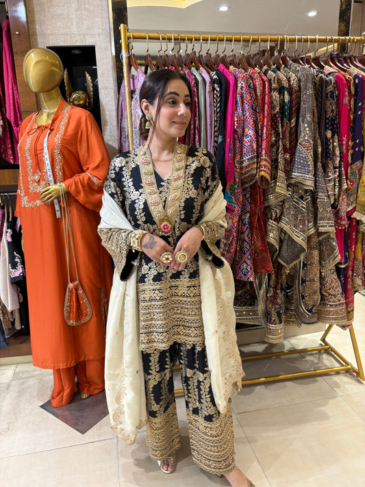 Opulent Black & Gold Embroidered Kurta & Palazzo Set
