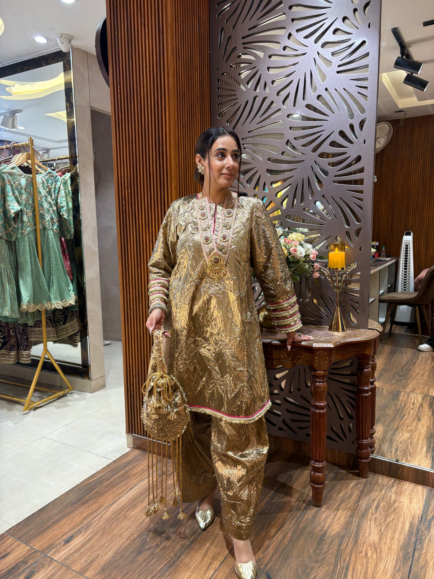 Luminous Crinkled Gold Embellished Tunic & Salwar Set