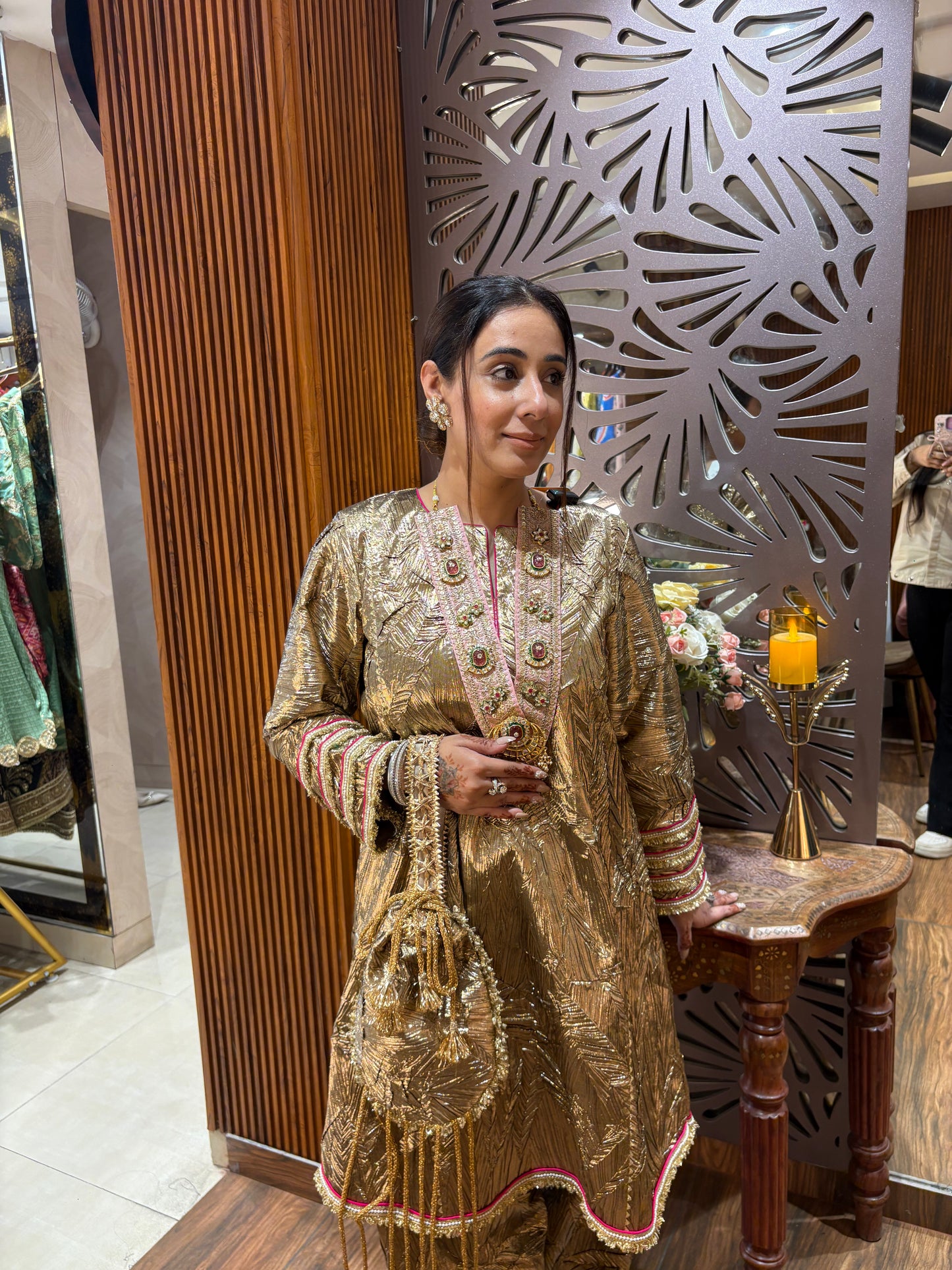 Luminous Crinkled Gold Embellished Tunic & Salwar Set