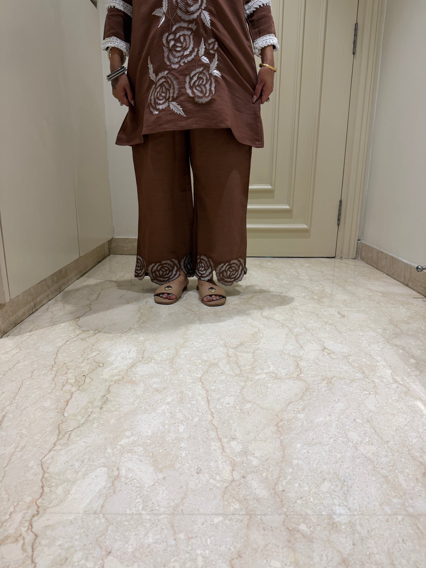 Warm Cocoa Rose-Embroidered Tunic & Palazzo Set with Lace Details
