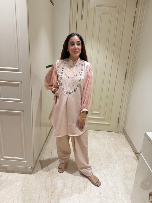 Soft Peach Embroidered Co-ord Set with Sheer Bishop Sleeves