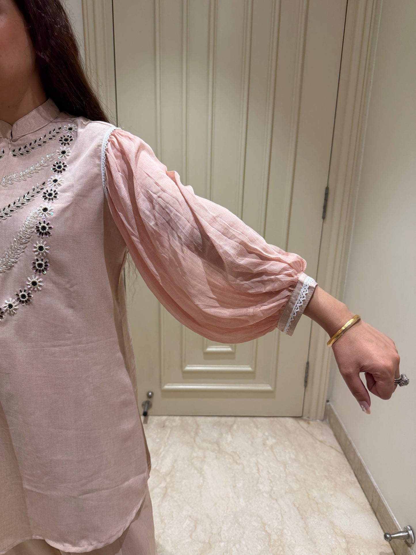 Soft Peach Embroidered Co-ord Set with Sheer Bishop Sleeves