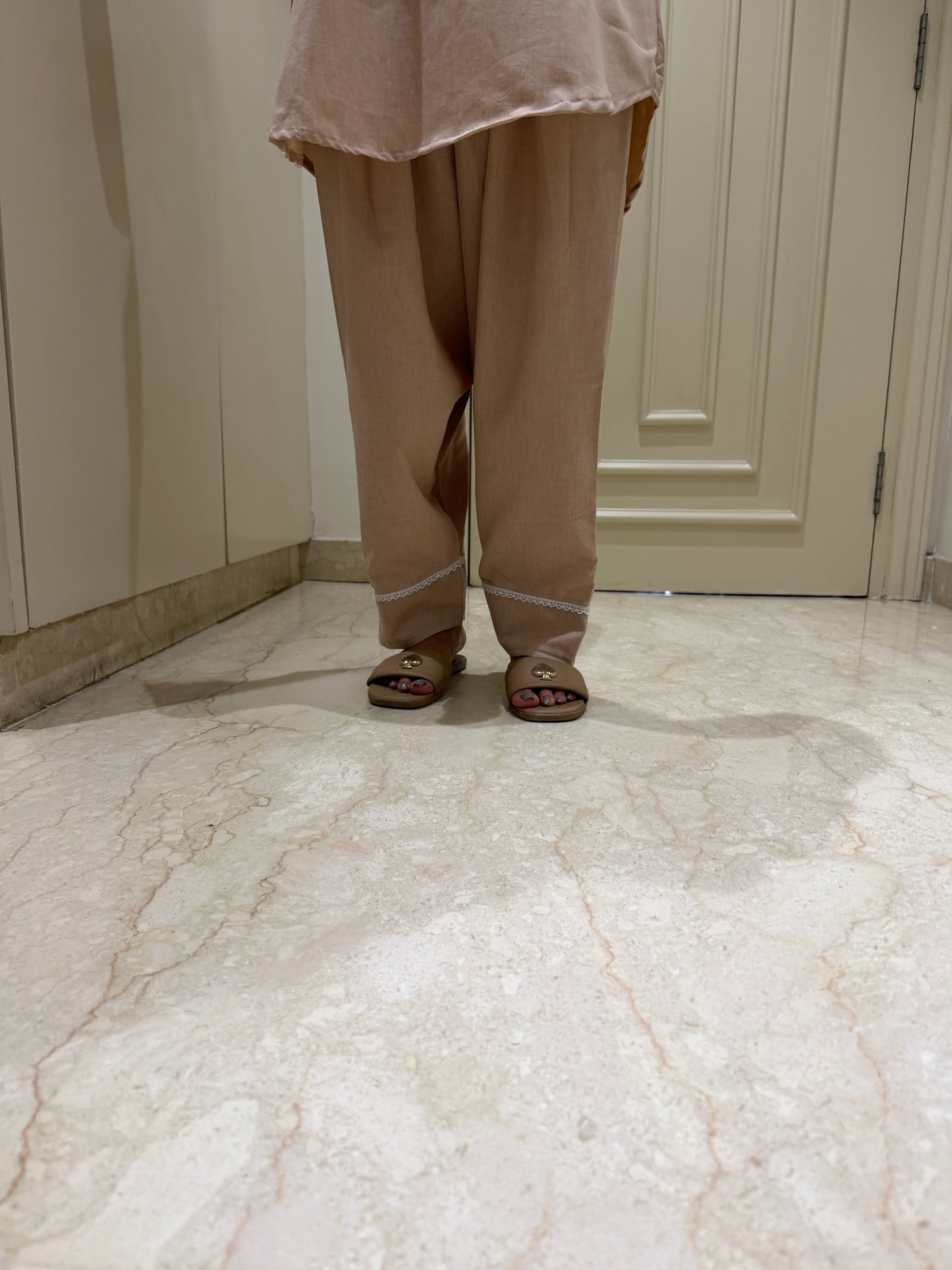 Soft Peach Embroidered Co-ord Set with Sheer Bishop Sleeves