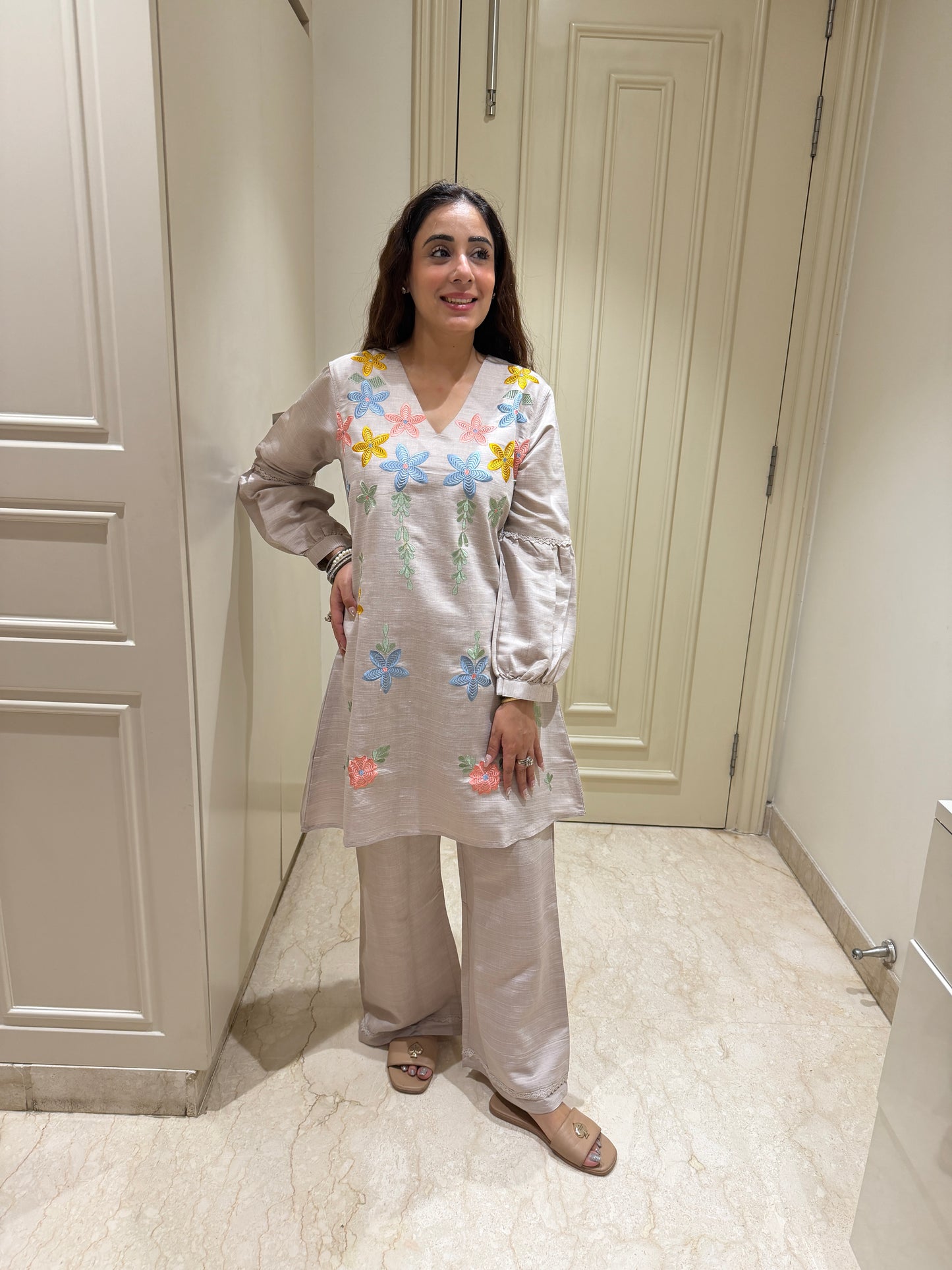 Luminous Greige Palazzo Set with Playful Floral Embroidery