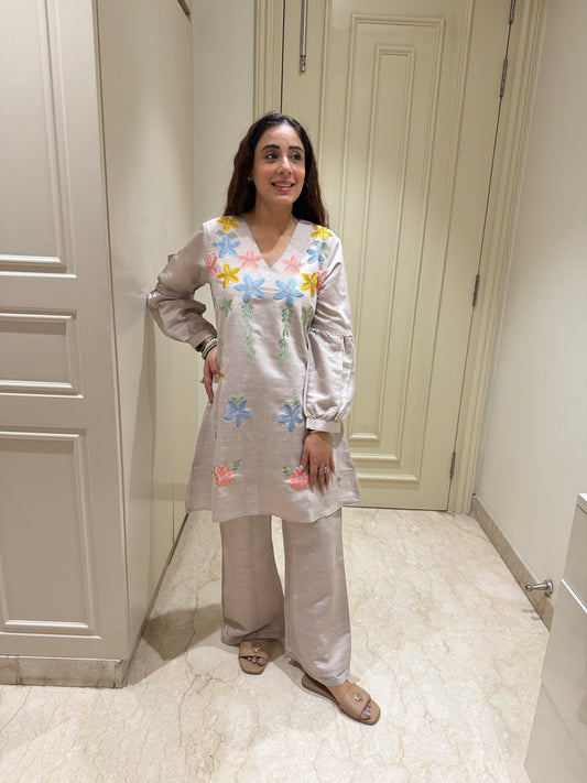 Luminous Greige Palazzo Set with Playful Floral Embroidery