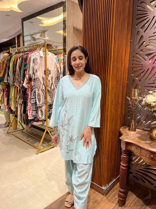 Icy Aqua Botanical Embroidered Kurta Set