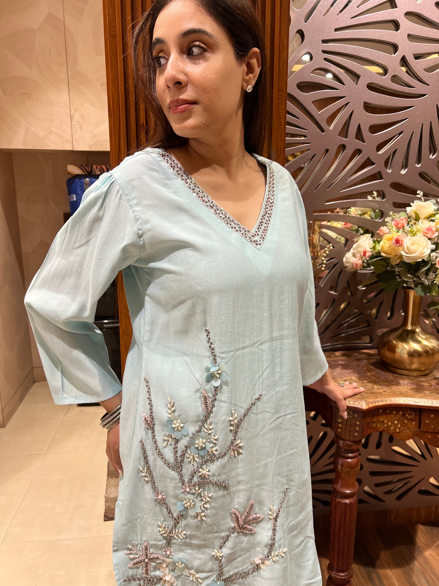 Icy Aqua Botanical Embroidered Kurta Set