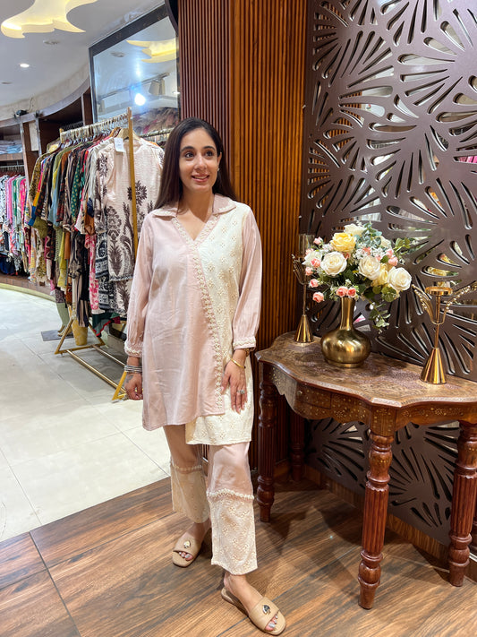 Dusty Rose & Ivory Asymmetric Paneled Tunic Set with Eyelet Embroidery