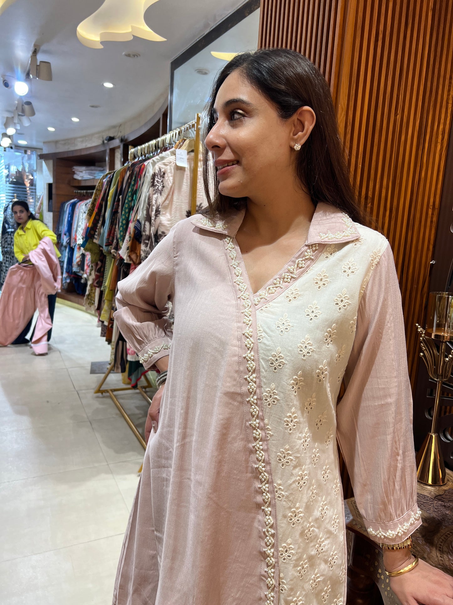 Dusty Rose & Ivory Asymmetric Paneled Tunic Set with Eyelet Embroidery