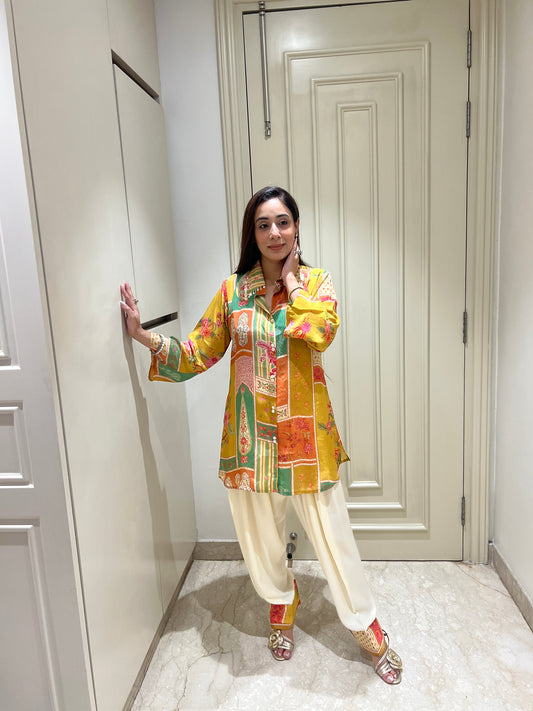 Vibrant Patchwork Print Collared Tunic & Ivory Dhoti Set