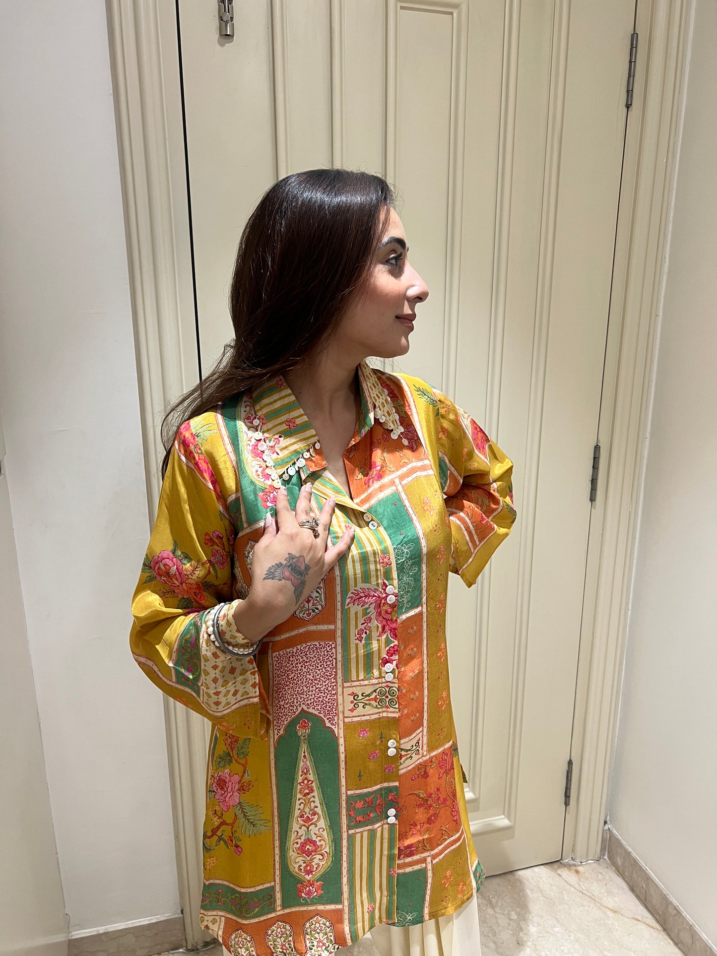 Vibrant Patchwork Print Collared Tunic & Ivory Dhoti Set