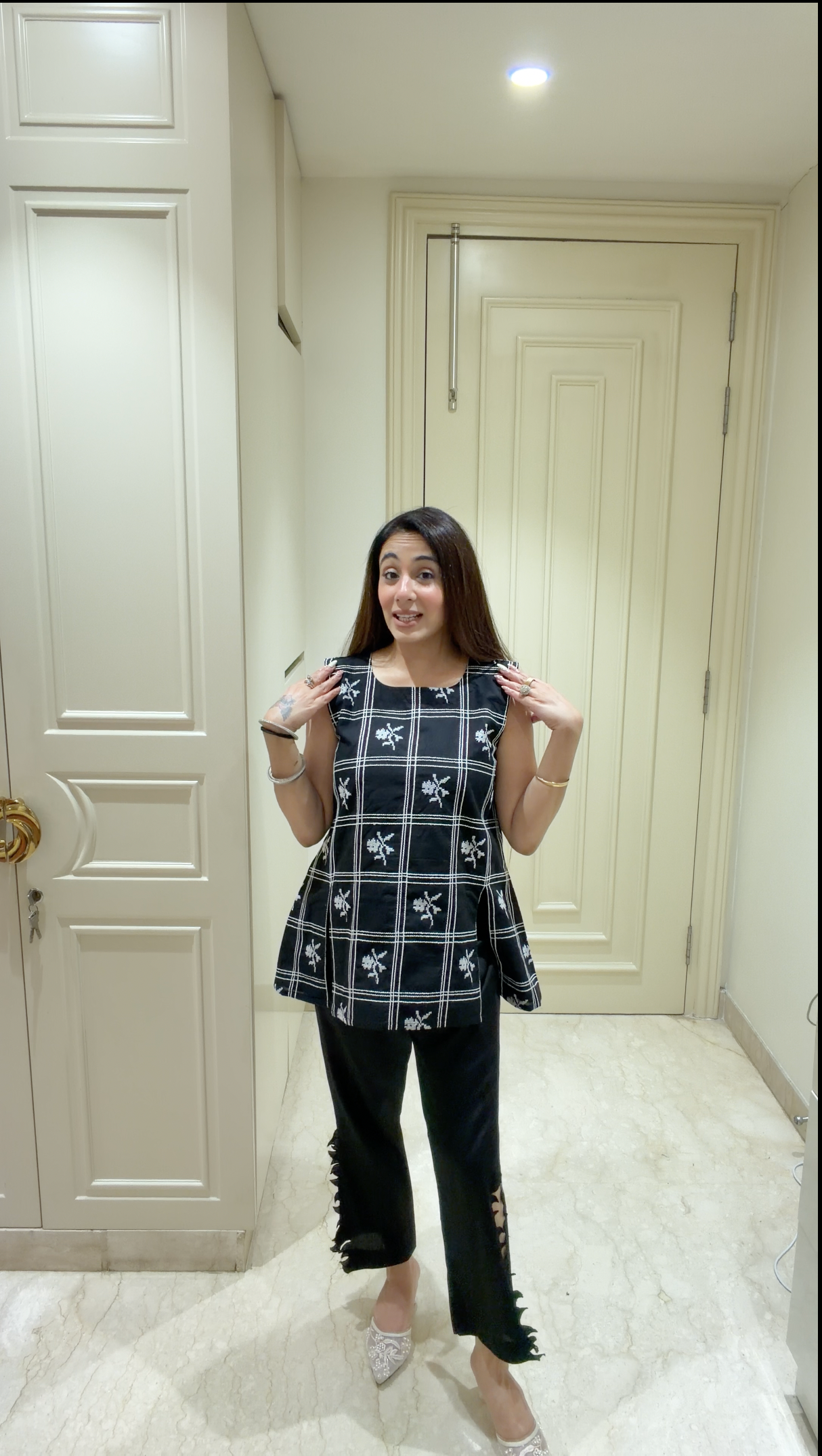 Monochrome Floral Grid Peplum Top & Cut-Out Trouser Set