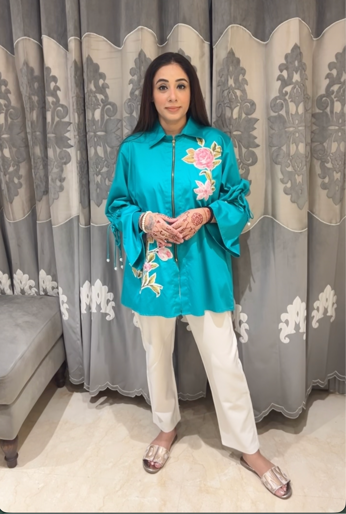 Vibrant Teal Floral Embroidered Zip-Front Shirt