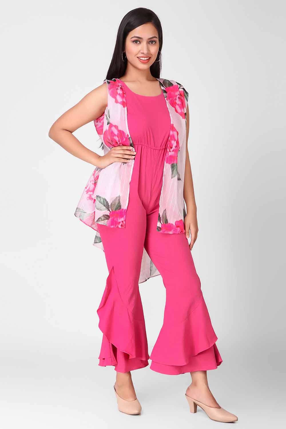 Ruffle Jumpsuit With Printed Cape