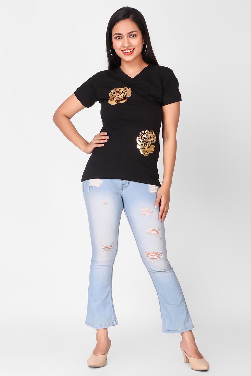 T-shirt With Leather Applique Work