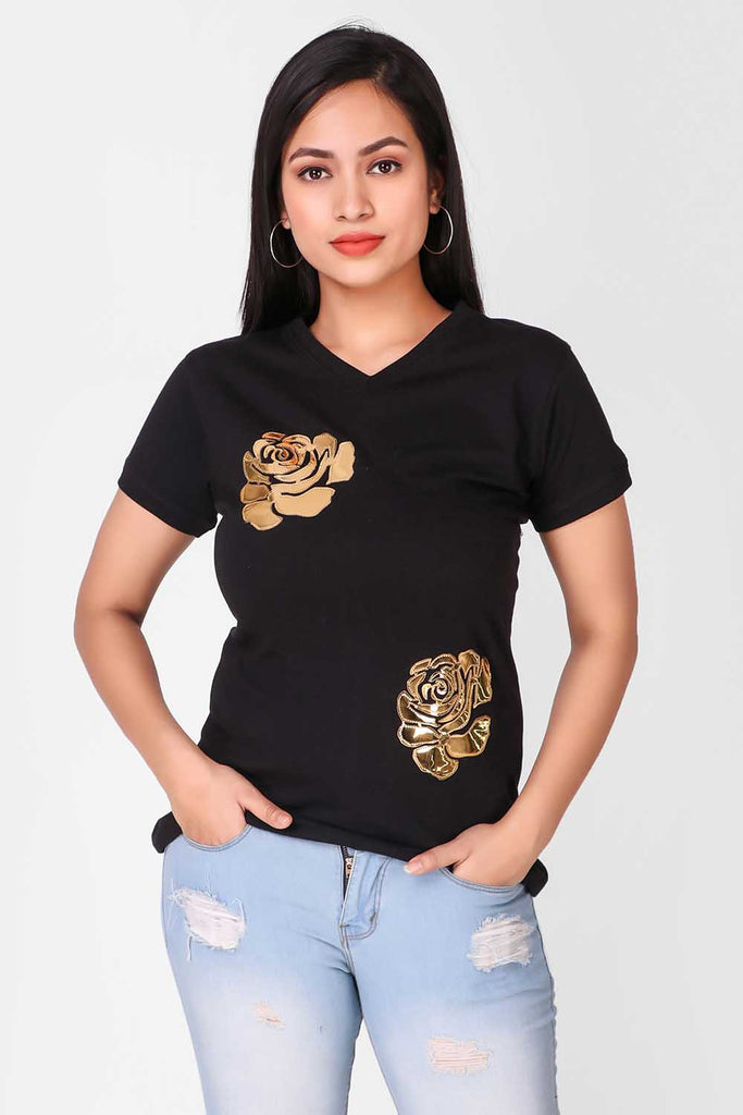 T-shirt With Leather Applique Work